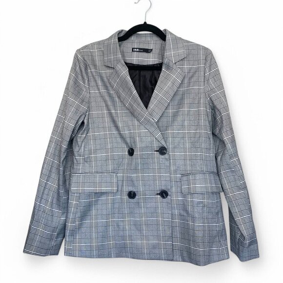 INA Women's Plaid Double-Breasted Overisized Blazer Gray Plaid Size Medium - Picture 1 of 7
